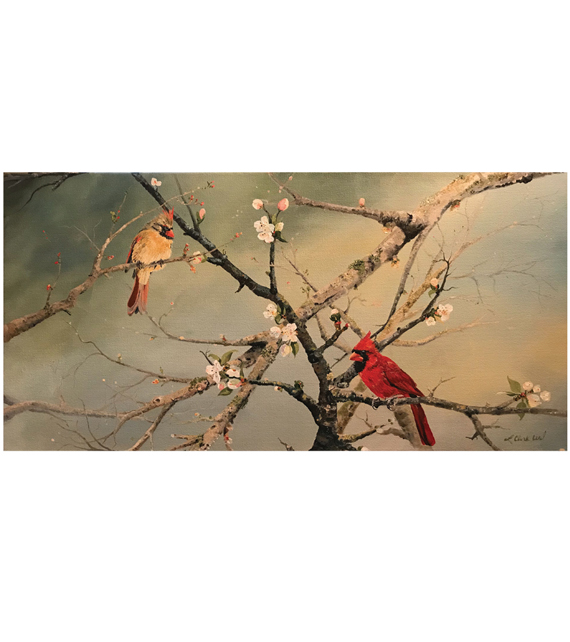acrylic on canvas of male and female cardinal on spring branches