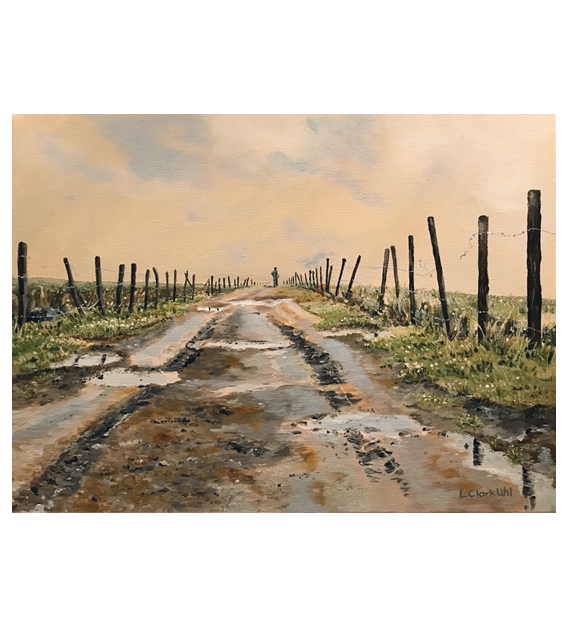 acrylic on of cows grazing by a pond in the countryside