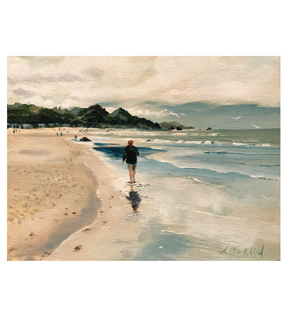 acrylic on canvas of a young woman walking on Cannon Beach Oregon