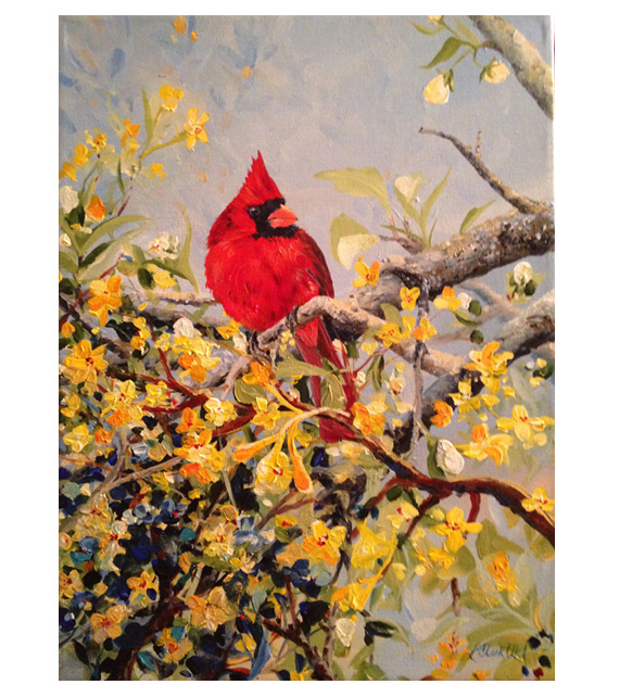 Cardinal sitting in branches acrylic on canvas painting