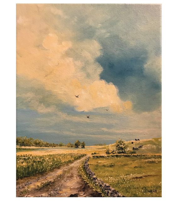 acrylic on canvas of cows grazing on a hillside