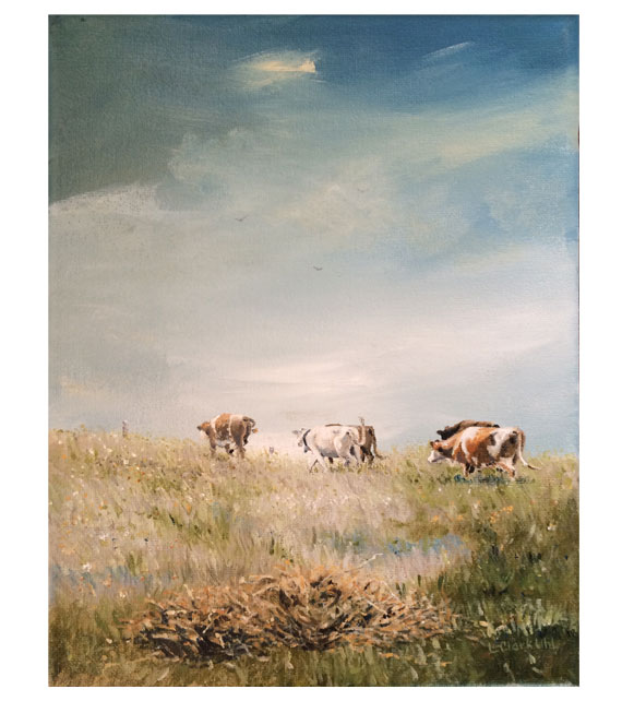 acrylic on canvas of cows walking out to pasture