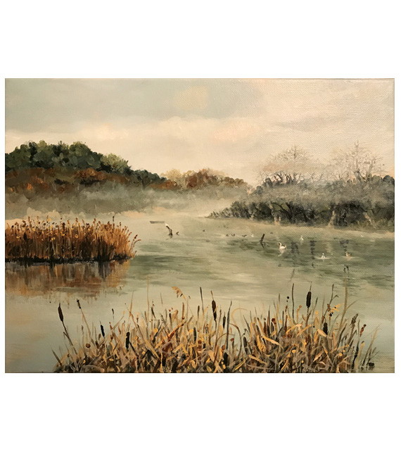 Landscape painting of ducks and swan swimming in fog