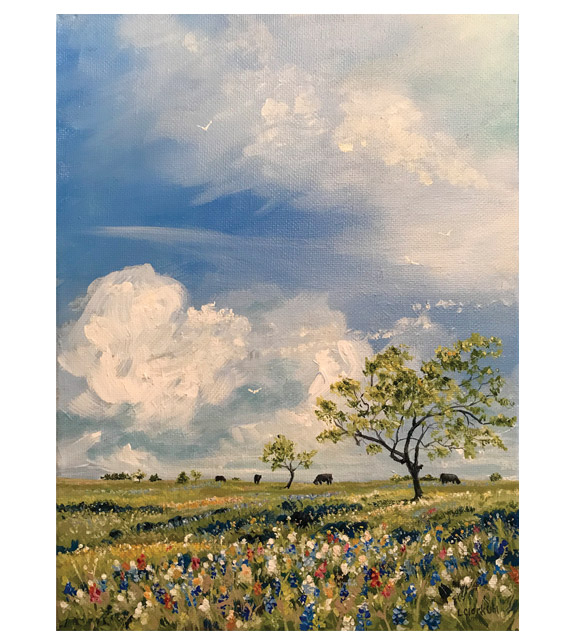 acrylic on canvas of several cows grazing in the countryside in early spring