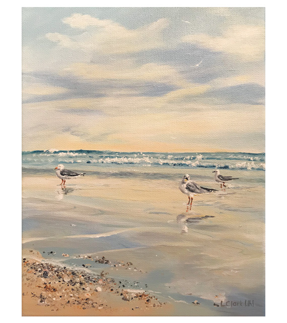 acrylic on of gulls on a beach walking in the water