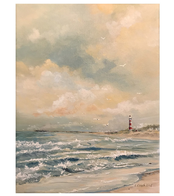painting of a choppy surf on the beach with a red and white striped lighthouse in the distance