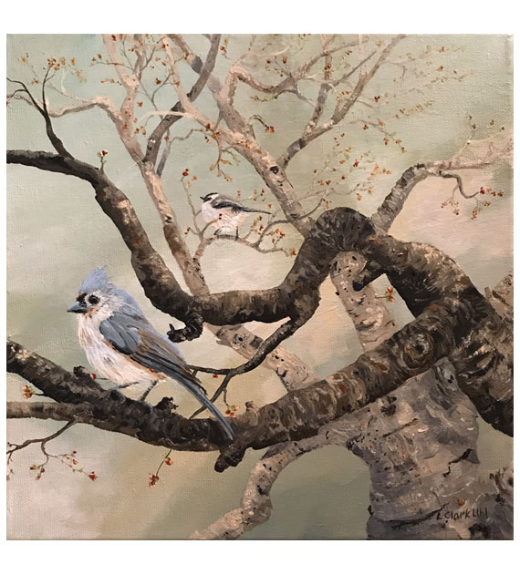 acrylic on canvas of a tufted titmouse and chickadee perched on spring branches