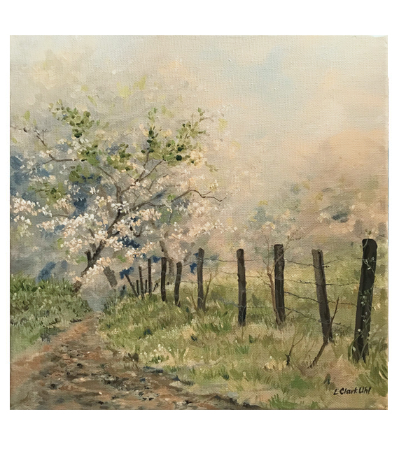 acrylic painting on canvas of a path lined with wild dogwood trees in the morning mist