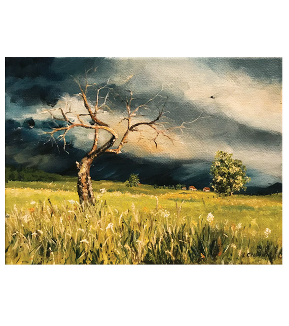 acrylic on canvas of an old tree in countryside meadow