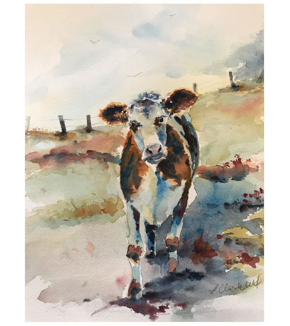 watercolor of a cow staring
