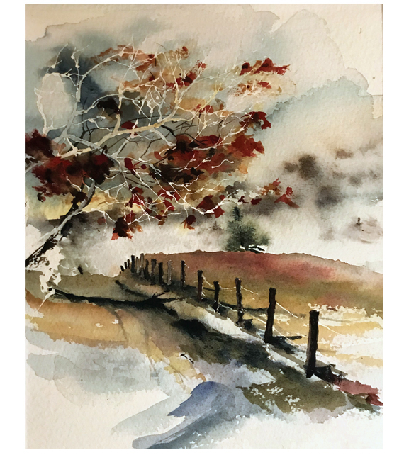 watercolor of a of the last leaves hanging on to branches