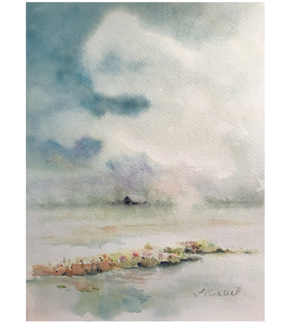 Watercolor of a serene country landscape with barn and water