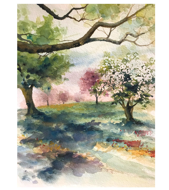 watercolor of dogwood and redbud trees blooming in countryside