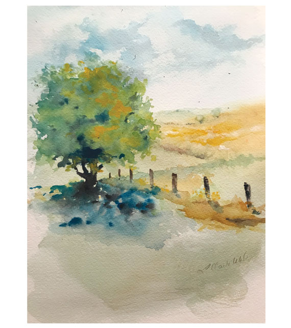 watercolor of fields in the summer