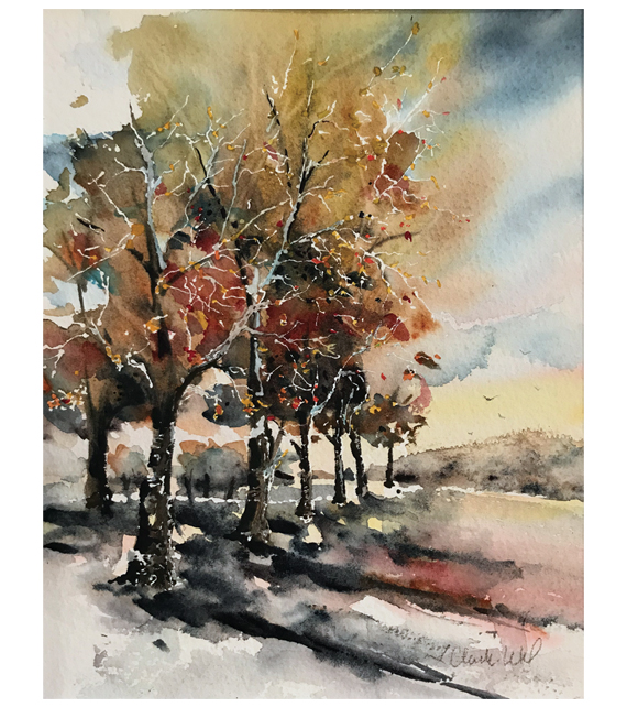watercolor of trees hanging on to their leaves in early winter
