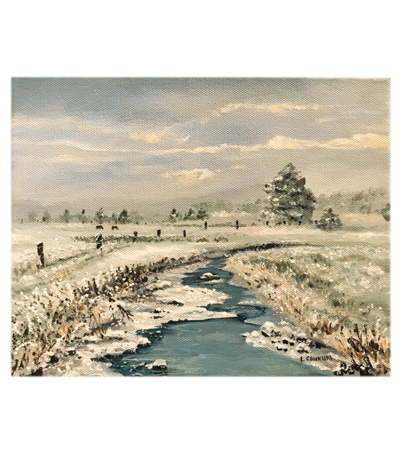 acrylic painting on canvas of a country stream freezing over in the winter